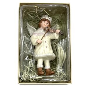Vintage Costco Porcelain Snow Angel Wings Christmas Victorian Violin Ornament 5"